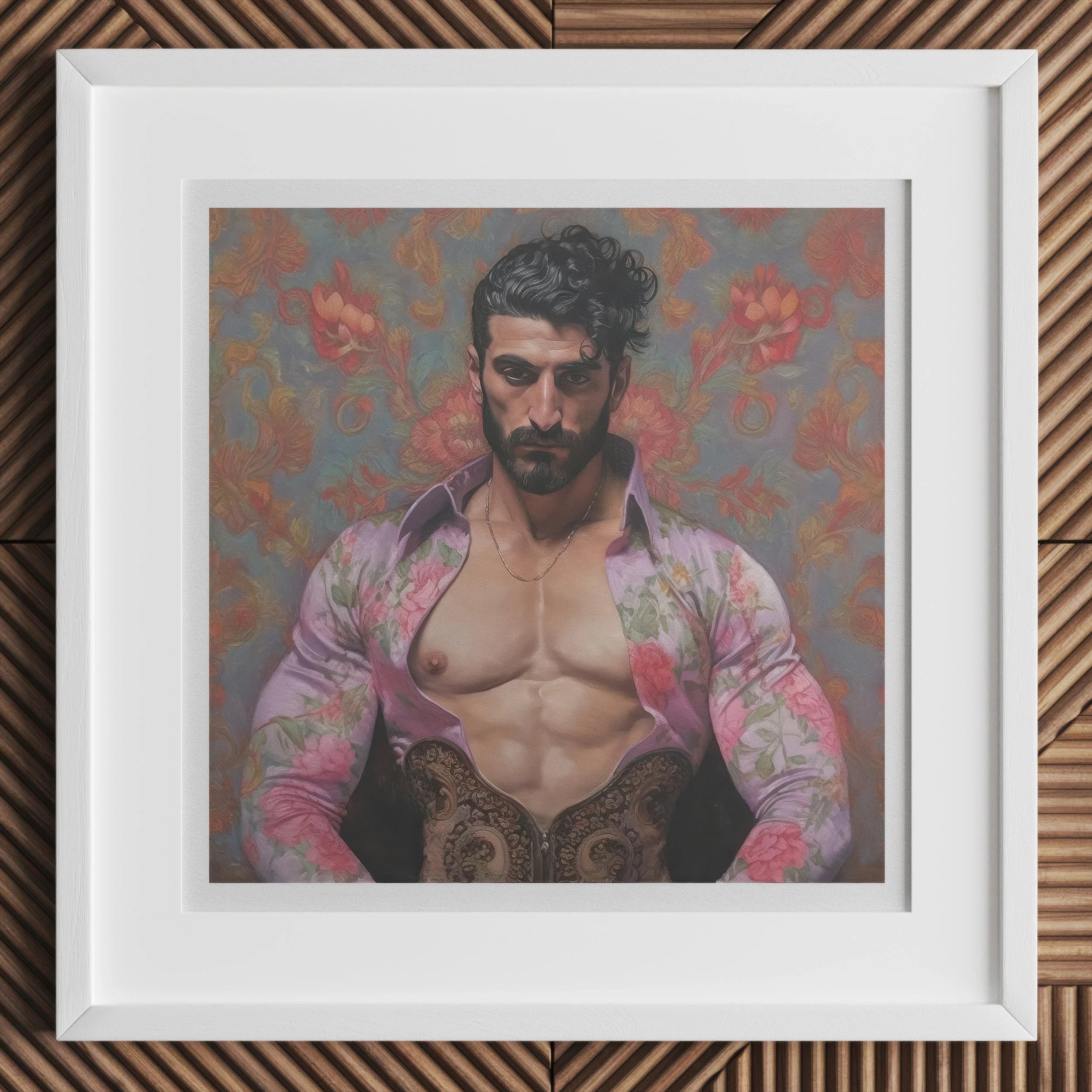 Alonso - Queer Matador Art Print, 12x12’’ / 31x31cm / White Frame, Framed Portrait Muscular Bearded Man Open Floral Shirt