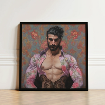 Black-framed Portrait Muscular Man Open Pink Floral Shirt Gay Matador, Art Print, Meet Alonso