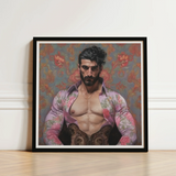 Framed Portrait Muscular Man Floral-patterned Shirt Intricate Gold Gay Matador, Art Print, Meet Alonso
