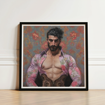 Framed Portrait Muscular Man Floral-patterned Shirt Intricate Gold Gay Matador, Art Print, Meet Alonso