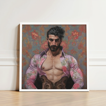Framed Portrait Muscular Man Dark Curly Hair Beard Gay Matador, Art Print, Meet Alonso