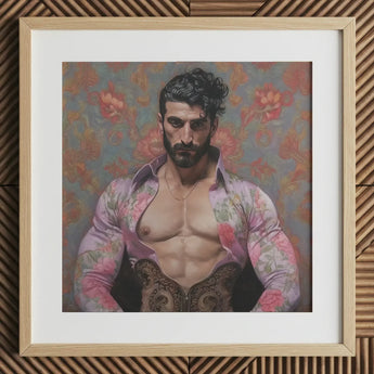 Alonso - Queer Matador Art Print / Canvas Framed Print Muscular Man Open Floral Shirt Ornate Gay Matador, Matador Art Print, Meet Alonso