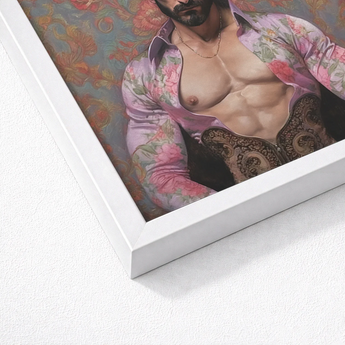 Framed Artwork Muscular Man Open Floral-patterned Lavender Shirt Gay Matador, Art Print, Meet Alonso
