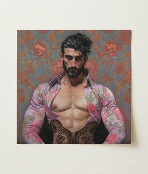 Square Canvas Painting Muscular Man Dark Curly Hair Gay Matador, Art Print, Meet Alonso