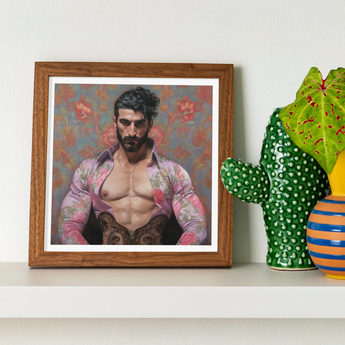 Alonso - Queer Matador Art Print, Framed Portrait Muscular Man Beard Open Floral Shirt