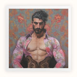 Alonso - Queer Matador Art Print, Portrait Muscular Bearded Man Open Floral Shirt Colorful