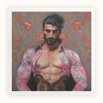 Alonso - Queer Matador Art Print, Portrait Muscular Bearded Man Open Floral Shirt Colorful