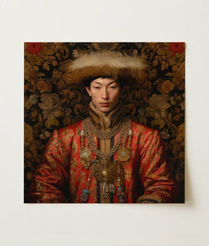 Altan Jinong - Gay Ordos Mongol Prince Art Print / Canvas Portrait Young Man Ornate Traditional Attire Rich Red