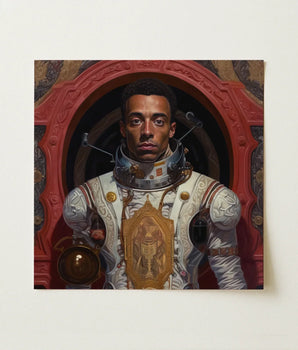 Detailed Painting Astronaut White Gold Ornate Spacesuit Framed Gay Black, Aesthetic, Gayest