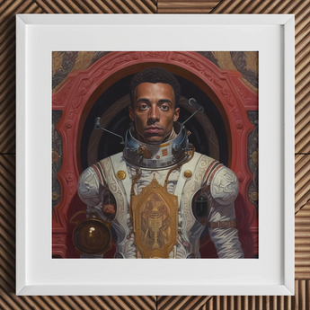 Amari - Gay Black Astronaut Art Print / Canvas White Framed Astronaut Portrait Red Gold Accents Detailed Gay Black Astronaut, Aesthetic,