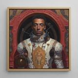 Amari - Gay Black Astronaut Framed Canvas, 12x12’’ / 31x31cm / Natural Floating Frame, Framed Painting Astronaut White Gold Suit