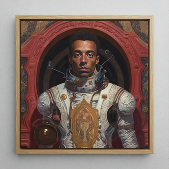 Amari - Gay Black Astronaut Framed Canvas, 12x12’’ / 31x31cm / Natural Floating Frame, Framed Painting Astronaut White Gold Suit