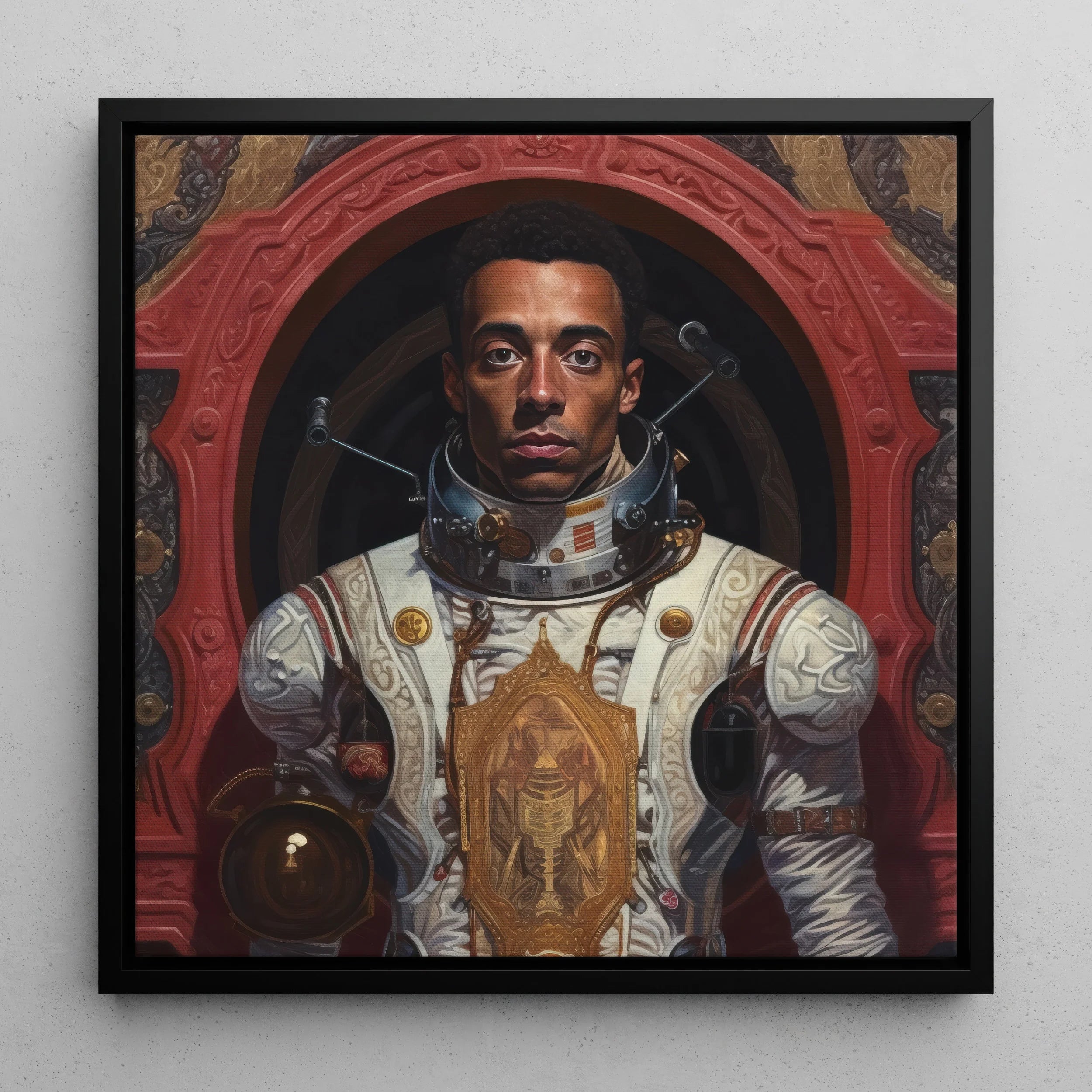 Amari - Gay Black Astronaut Framed Canvas, Portrait Astronaut Ornate Spacesuit Intricate Gold Framed Red