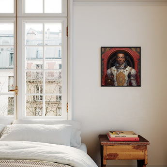 Amari - Gay Black Astronaut Framed Canvas, Portrait Painting Person Ornate Historical Attire Red Background