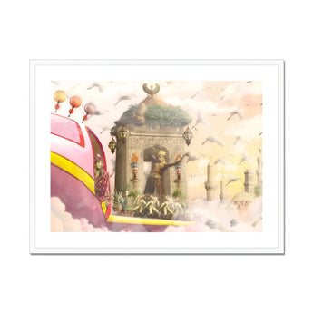 The Amazing Asma and Her Dashing Deer - Collage Art Print, Fantasy-style Gazebo Pavilion Ornate Decorative Elements Clouds
