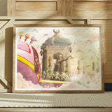The Amazing Asma and Her Dashing Deer - Collage Art Print Framed Artwork Fantastical Scene Colorful Snail-like Creature Surreal Dashing