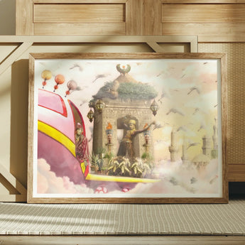 The Amazing Asma and Her Dashing Deer - Collage Art Print Framed Artwork Fantastical Scene Colorful Snail-like Creature Surreal Dashing