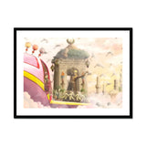 The Amazing Asma and Her Dashing Deer - Collage Art Print, Framed Fantasy Artwork Magical Airship Vessel Alongside Ornate