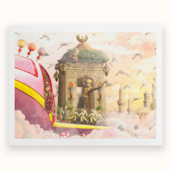 The Amazing Asma and Her Dashing Deer - Collage Art Print, Ornate Stone Structure Figure Arched Adorned Lanterns Topped
