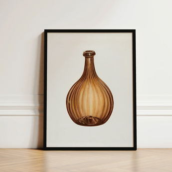 Framed Illustration Brown Ribbed Glass Bottle Slender Neck Anna Aloisi’s 1930s, Amber, Aloisi Glassware