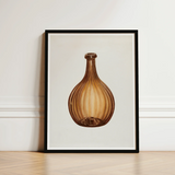 Framed Artwork Brown Ribbed Glass Bottle Slender Neck Anna Aloisi’s 1930s, Amber, Aloisi Glassware