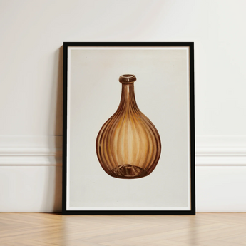 Framed Artwork Brown Ribbed Glass Bottle Slender Neck Anna Aloisi’s 1930s, Amber, Aloisi Glassware