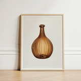 Framed Artwork Brown Ribbed Glass Bottle Slender Neck Anna Aloisi’s 1930s, Amber, Aloisi Glassware