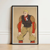 Black-framed Art Print Stylized Illustration Muscular Man Vintage American Football Player, Edward Penfield’s, Olive-khaki Padded Trousers,