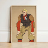 Framed Illustration Muscular Man Vintage Football Gear Bold American Player, Edward Penfield’s, Olive-khaki Padded Trousers, Remade Poster,