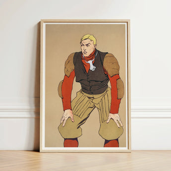 Framed Illustration Muscular Man Vintage Football Gear Bold American Player, Edward Penfield’s, Olive-khaki Padded Trousers, Remade Poster,