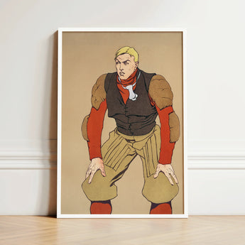 Framed Illustration Muscular Man Vintage Football Gear Bold American Player, Edward Penfield’s, Olive-khaki Padded Trousers, Remade Poster,