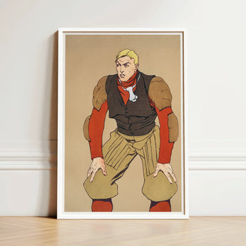 Framed Illustration Muscular Man Vintage Football Gear Bold American Player, Edward Penfield’s, Olive-khaki Padded Trousers, Remade Poster,