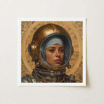 Amira - Lesbian Muslim Astronaut Art Print / Canvas Framed Artwork Woman Ornate Golden Helmet Intricate, Aesthetic, Gayest Prints