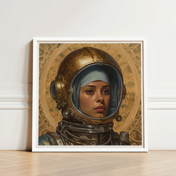 Framed Artwork Woman Golden Astronaut Helmet Intricate Mechanical Lesbian Muslim, Aesthetic, Gayest
