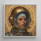 Amira - Lesbian Muslim Astronaut Art Print / Canvas Framed Painting Woman Ornate Golden Astronaut Helmet Intricate Lesbian Muslim