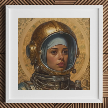 Amira - Lesbian Muslim Astronaut Art Print / Canvas Gold Astronaut Helmet Blue Headscarf Intricate Design Lesbian Muslim Astronaut,
