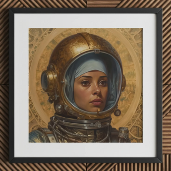 Amira - Lesbian Muslim Astronaut Art Print / Canvas Gold Astronaut Helmet Blue Headscarf Intricate Design Lesbian Muslim Astronaut,