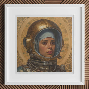 Amira - Lesbian Muslim Astronaut Art Print, Framed Portrait Painting Person Ornate Golden Spacesuit Helmet