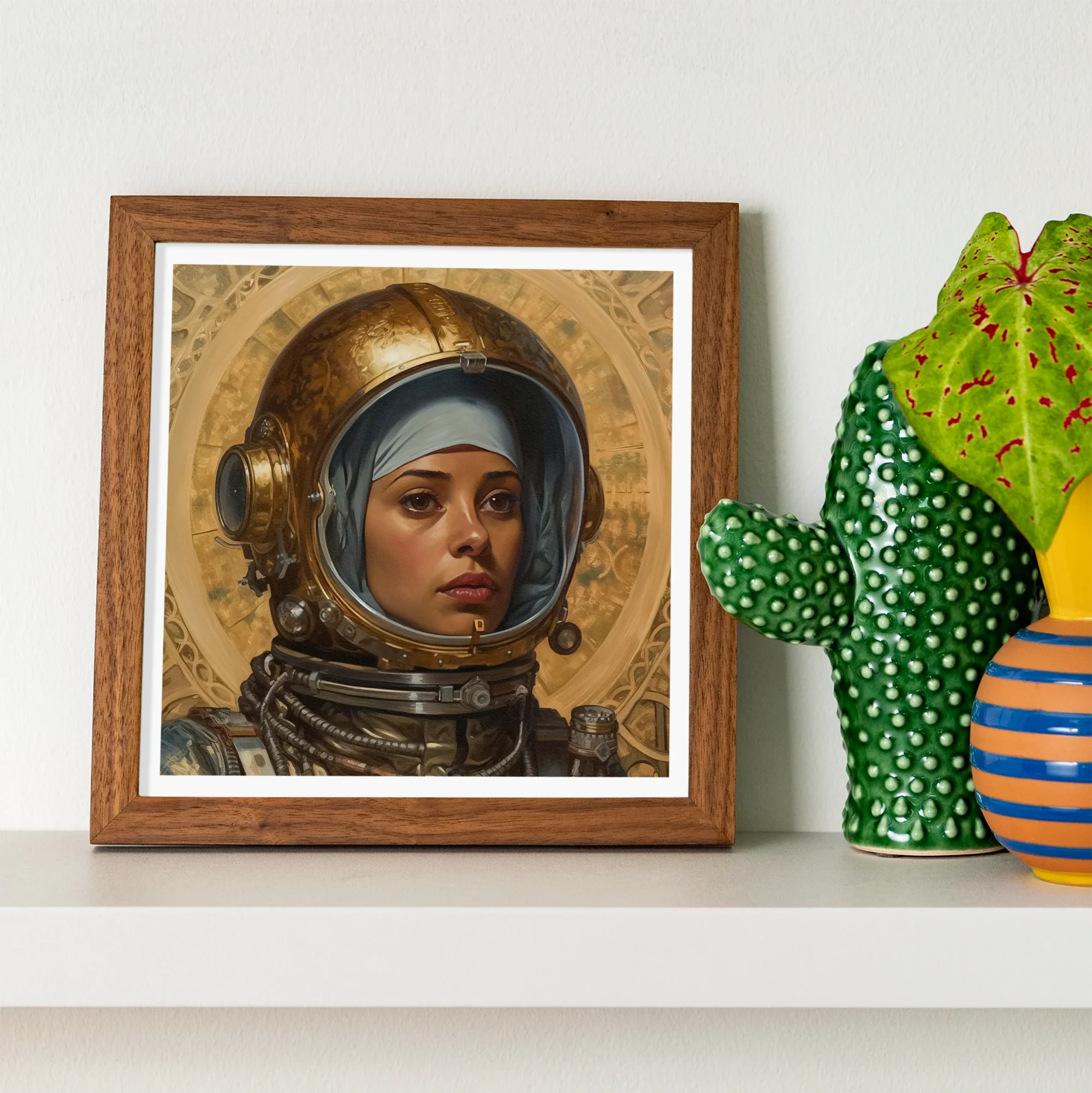 Amira - Lesbian Muslim Astronaut Art Print, Framed Portrait Astronaut Space Helmet