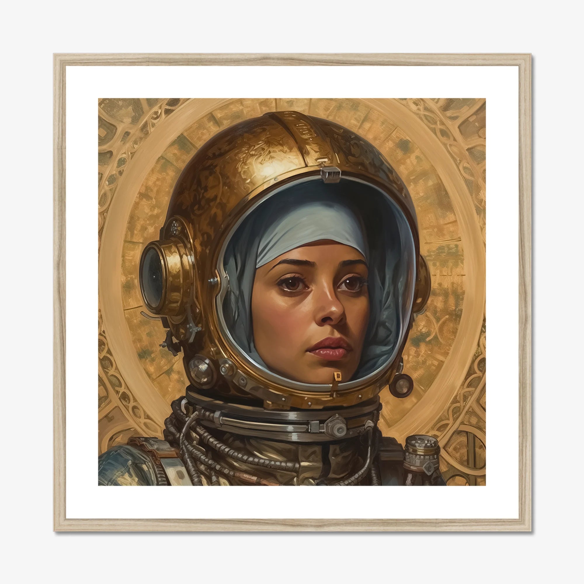 Amira - Lesbian Muslim Astronaut Art Print, Framed Portrait Woman Vintage Astronaut Helmet