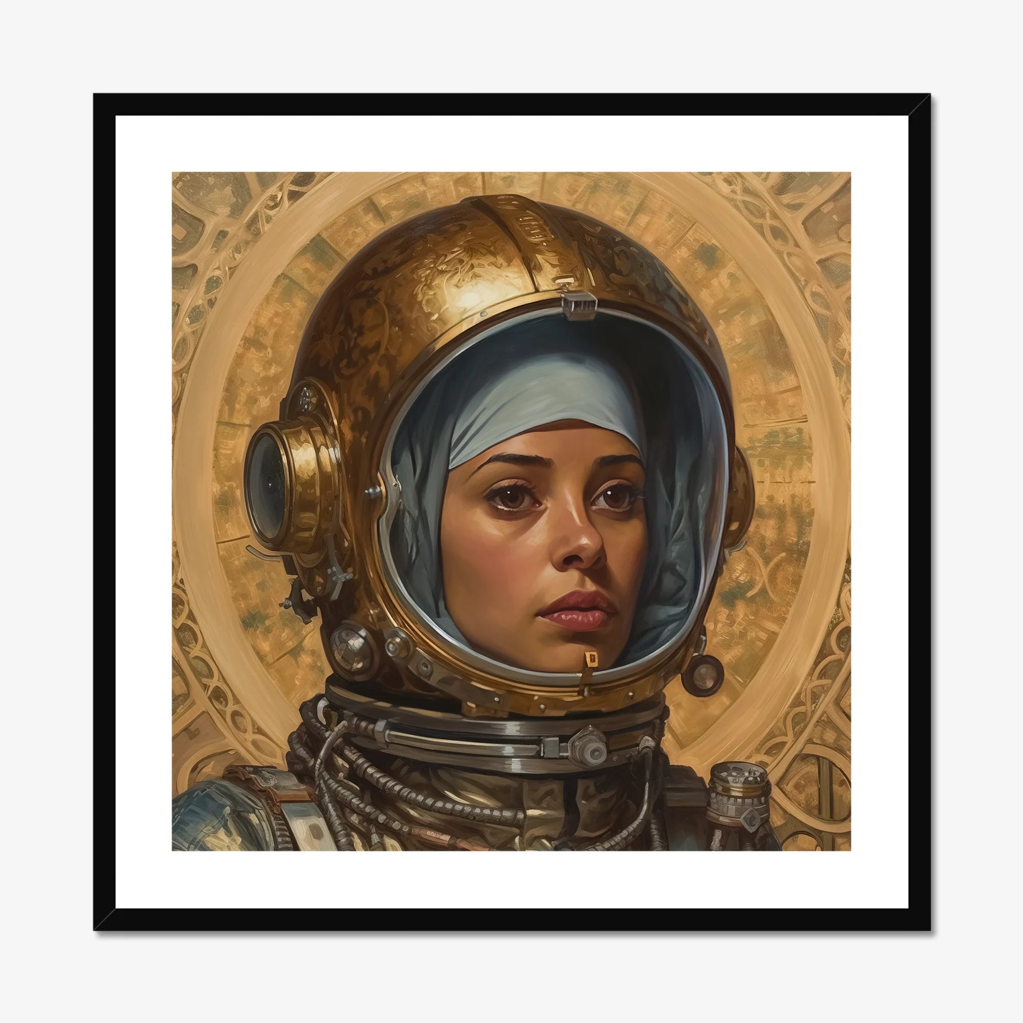 Amira - Lesbian Muslim Astronaut Art Print, Framed Portrait Woman Vintage Space Helmet