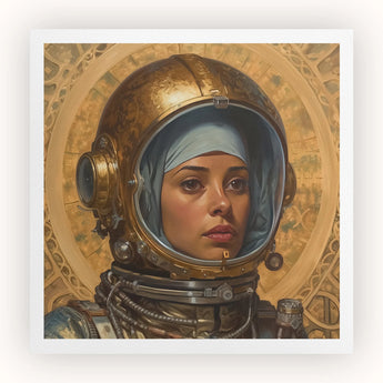 Amira - Lesbian Muslim Astronaut Art Print, Portrait Woman Golden Space Helmet Blue Head