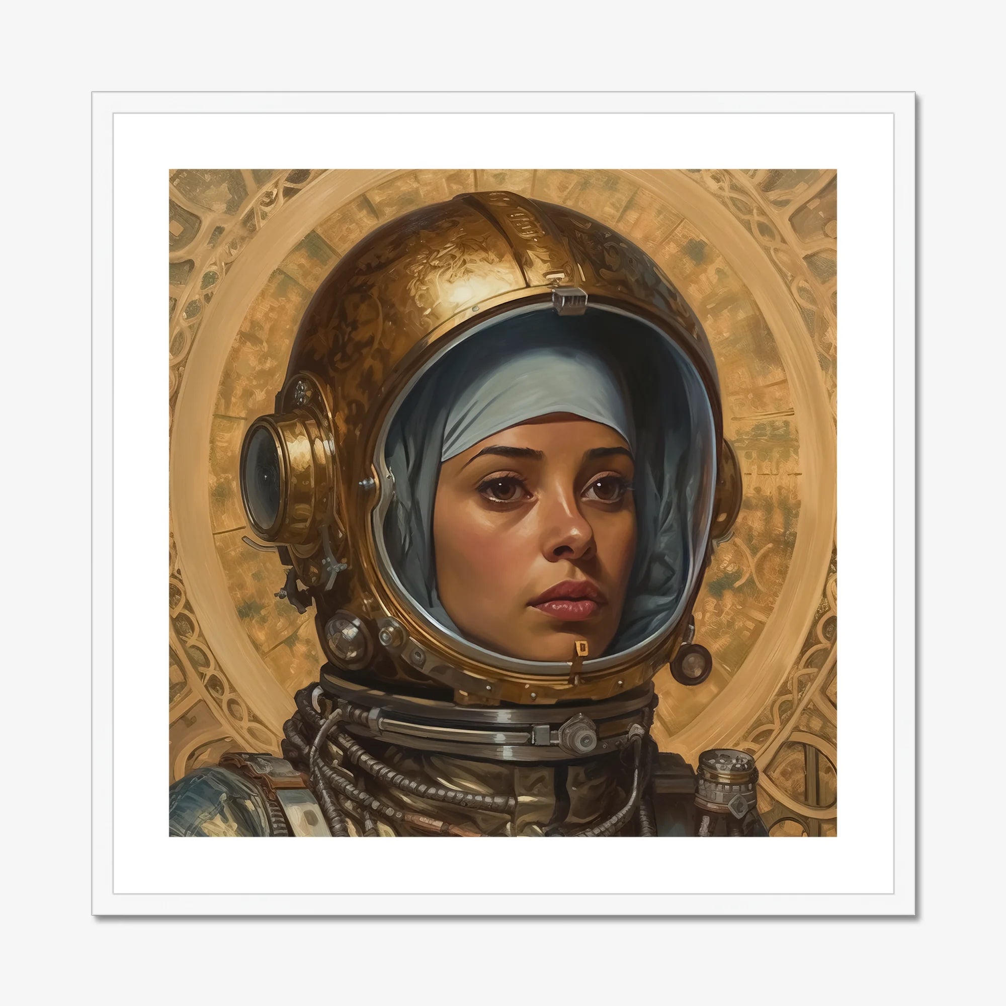 Amira - Lesbian Muslim Astronaut Art Print, Astronaut Woman Ornate Golden Space Helmet