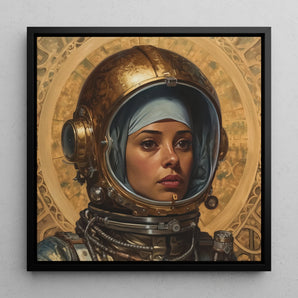 Amira - Lesbian Muslim Astronaut Framed Canvas, 12x12’’ / 31x31cm / Black Floating Frame, Portrait Person Ornate Golden Spacesuit Helmet