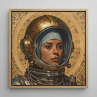 Amira - Lesbian Muslim Astronaut Framed Canvas, 12x12’’ / 31x31cm / Natural Floating Frame, Framed Painting Woman Gold Astronaut Helmet