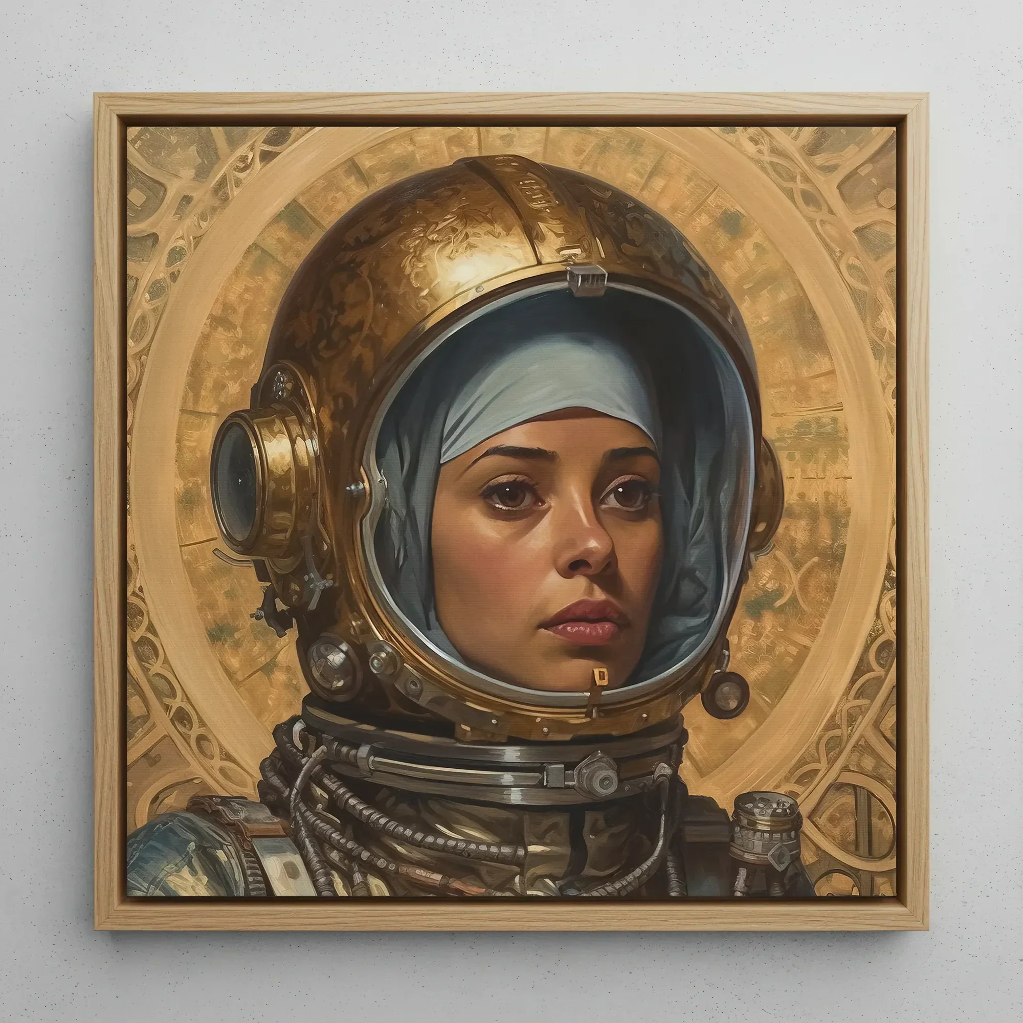 Amira - Lesbian Muslim Astronaut Framed Canvas, 12x12’’ / 31x31cm / Natural Floating Frame, Framed Painting Woman Gold Astronaut Helmet