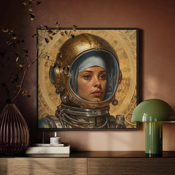 Amira - Lesbian Muslim Astronaut Framed Canvas, Framed Painting Person Golden Astronaut Helmet Blue Head