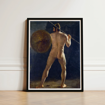 Black-framed Artwork Nude Muscular Warrior Classical Attire Spear French School, Nineteenth-century Academic, Figure Type, Half, Turned,