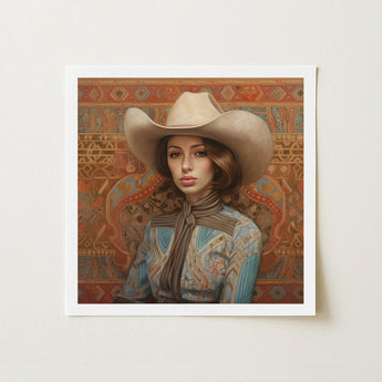Anahita - Arabic Lesbian Cowgirl Art Print / Canvas Framed Painting Woman Wide-brimmed Beige Cowboy Hat Blue Modern Frontier Maverick,