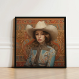 Framed Portrait Woman Beige Cowboy Hat Patterned Blue Modern Frontier Maverick, Arabic Lesbian Cowgirl, Striking